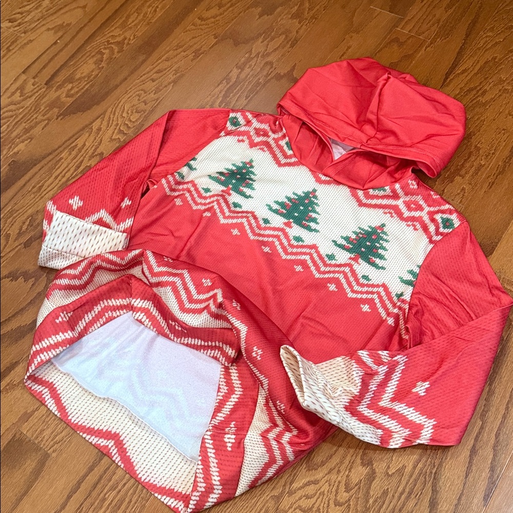 Christmas Tree Fair Isle Print Hoodie Holiday Sweatshirt Red - Picture 9 of 9